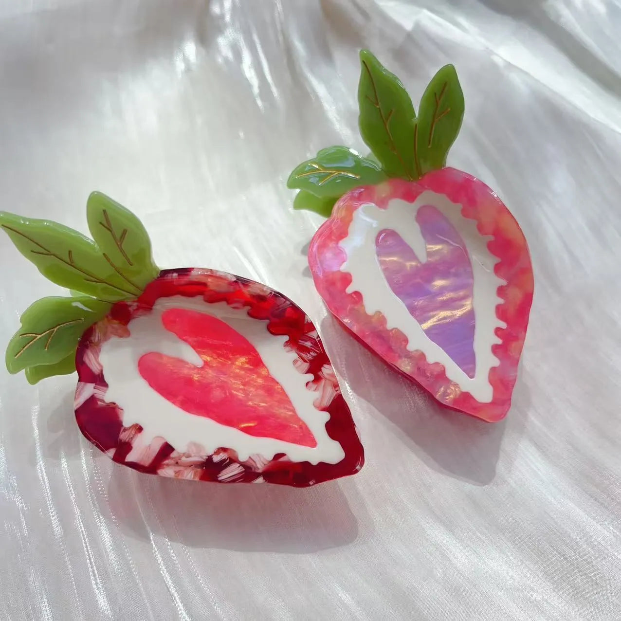 Red and pink pastoral strawberry design girls' hairpin, handcrafted hair clip.