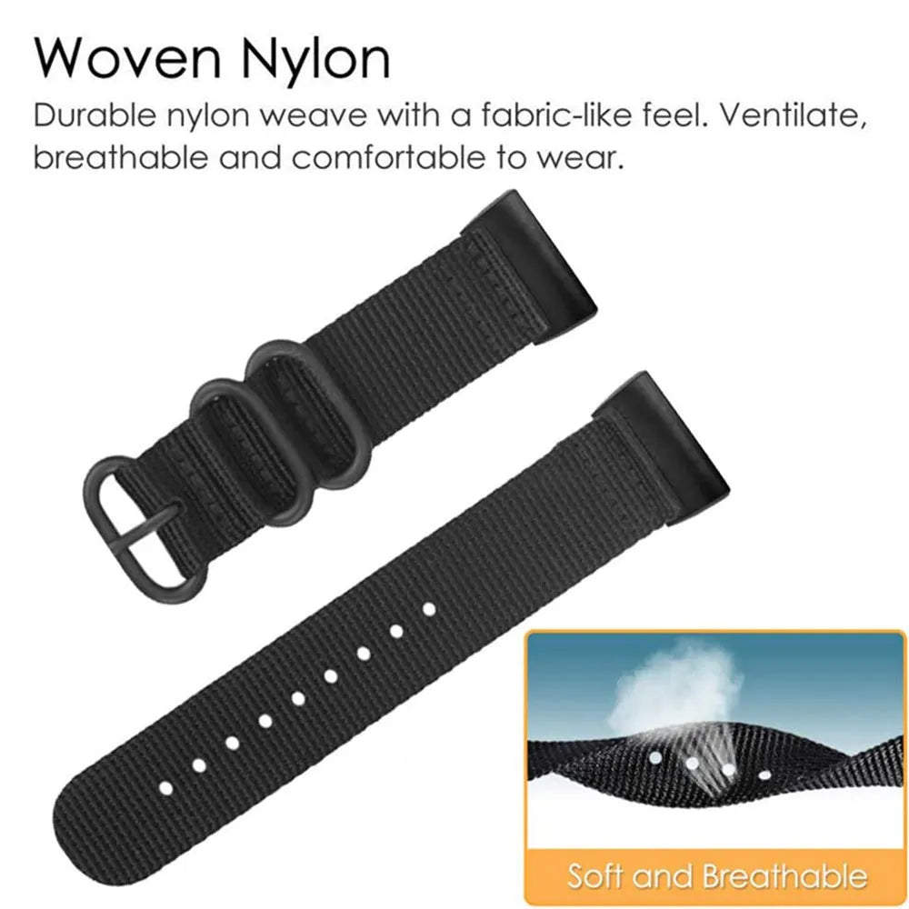 Nylon three-ring buckle replacement watch strap for Fitbit Charge 2, 3, 4, 5 in multiple colours.