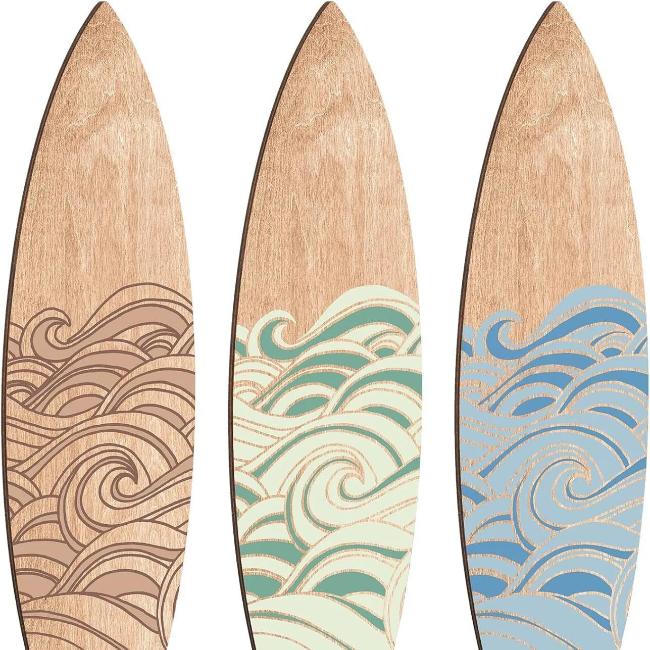 Set of three wooden boxwood surfboard wall decorations, 8.5x30cm each, European style