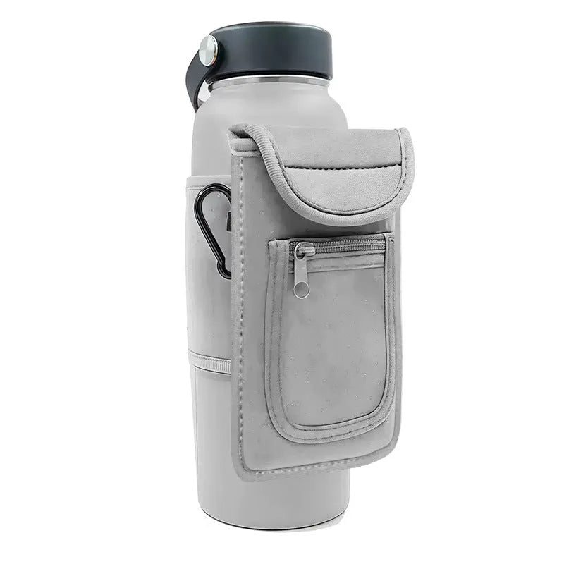 Cloth sports water bottle sleeve shown in various colours with magnetic and carabiner clip closure options.
