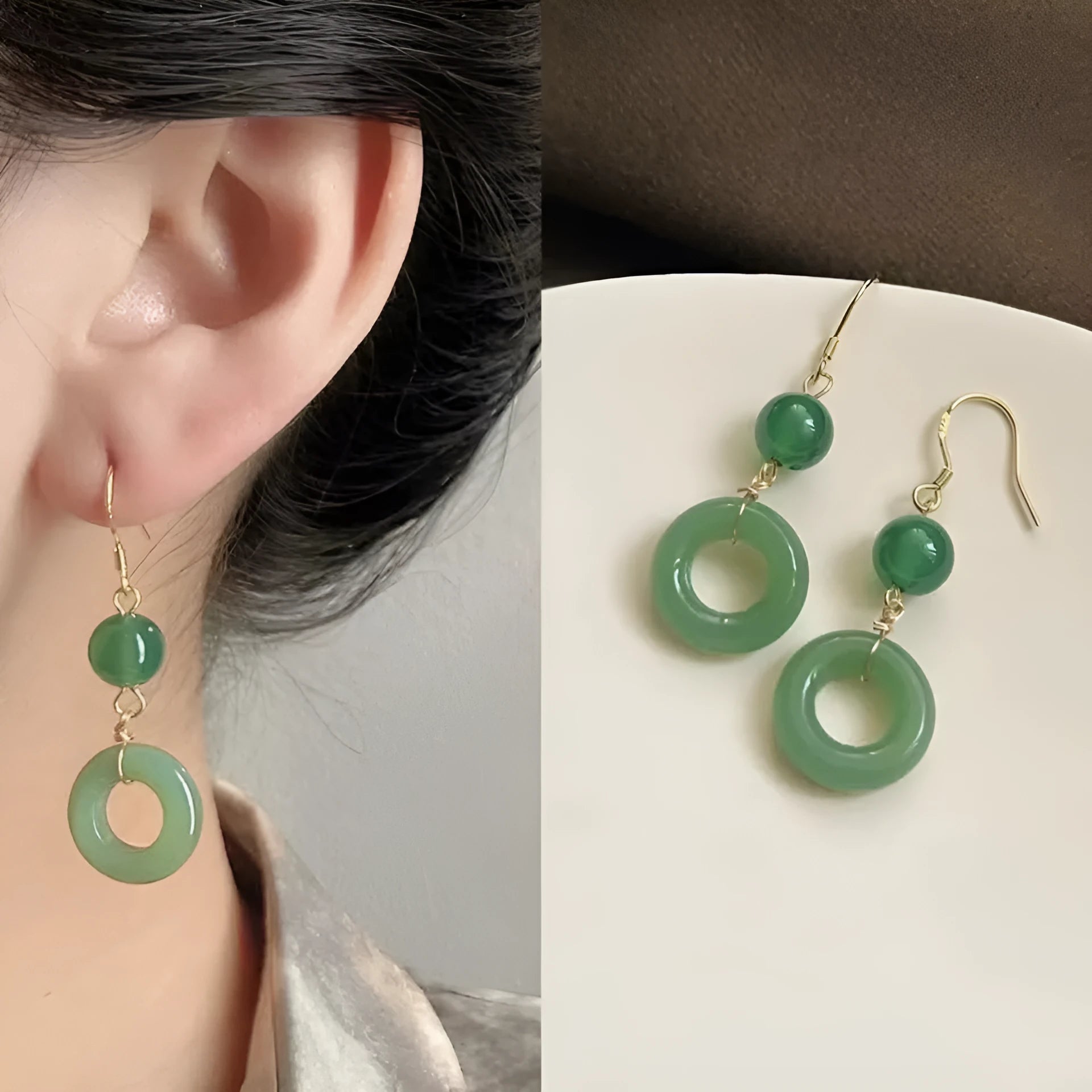 Green zinc alloy Peace Buckle shaped earrings for Chinese Hanfu and cheongsam outfits.