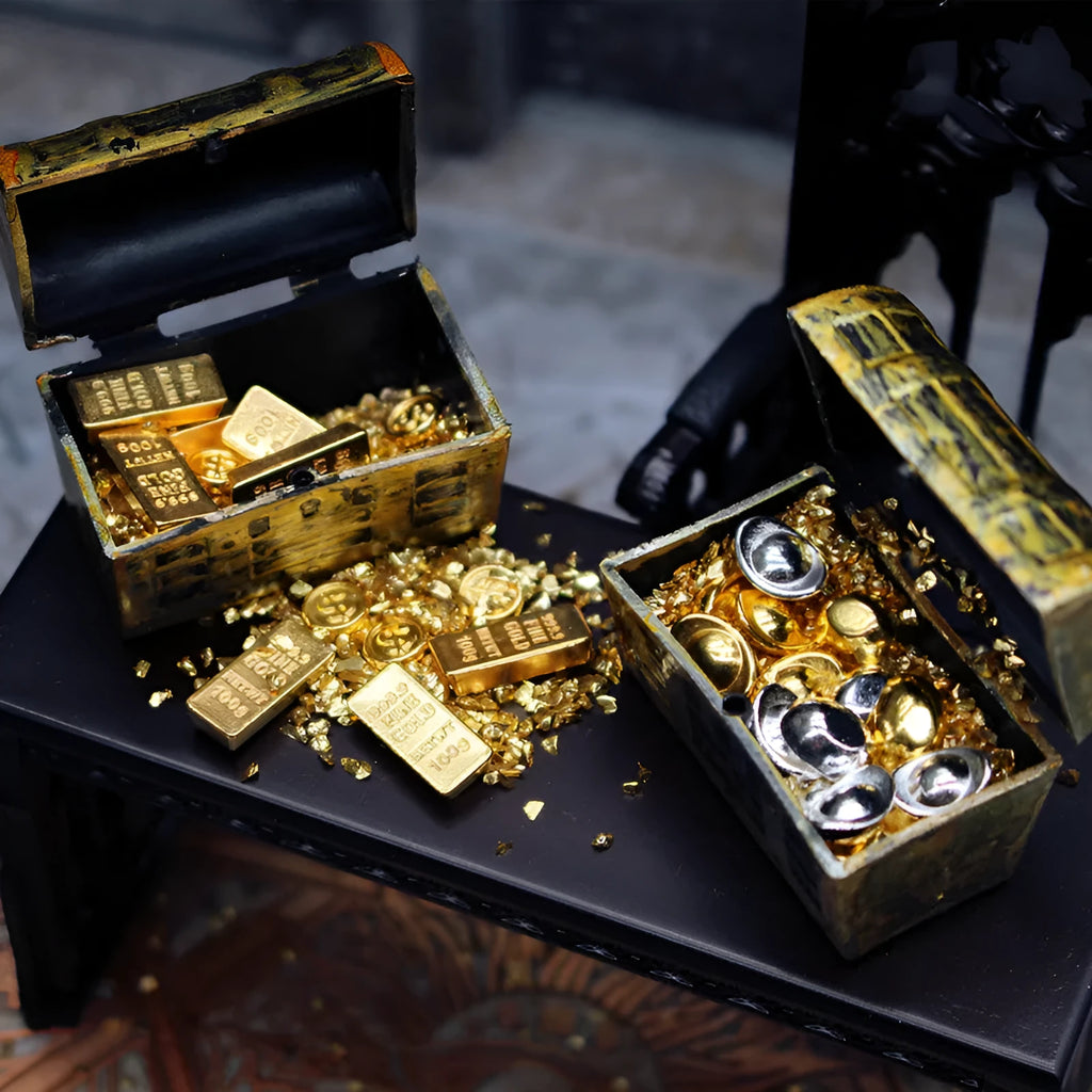Alloy miniature treasure box with gold coins and bars for doll house accessories