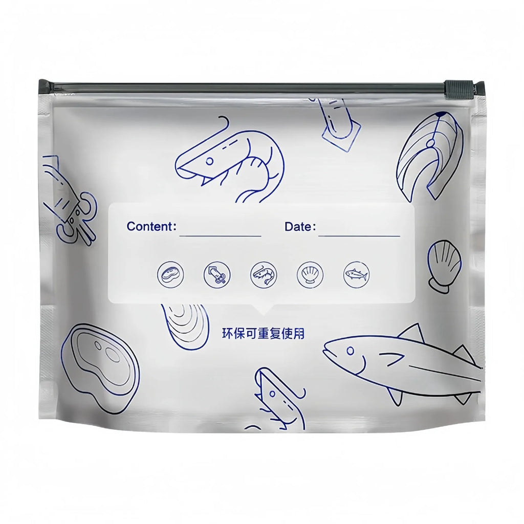 Set of resealable aluminium foil fresh-keeping bags in small, medium, and large sizes on a kitchen counter.