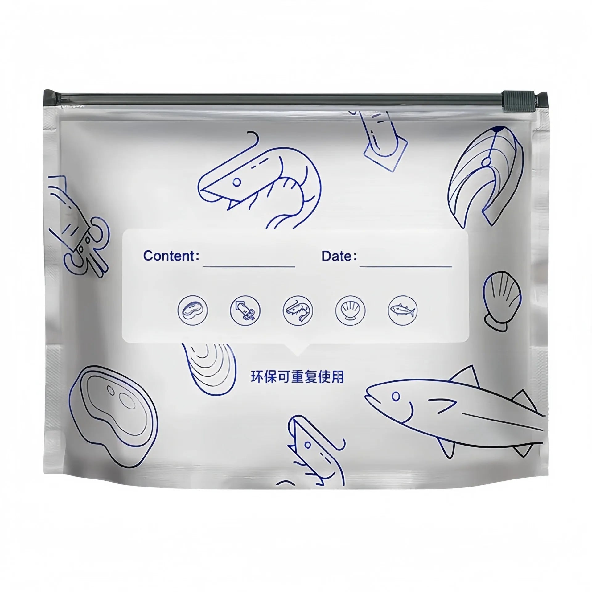 Set of resealable aluminium foil fresh-keeping bags in small, medium, and large sizes on a kitchen counter.