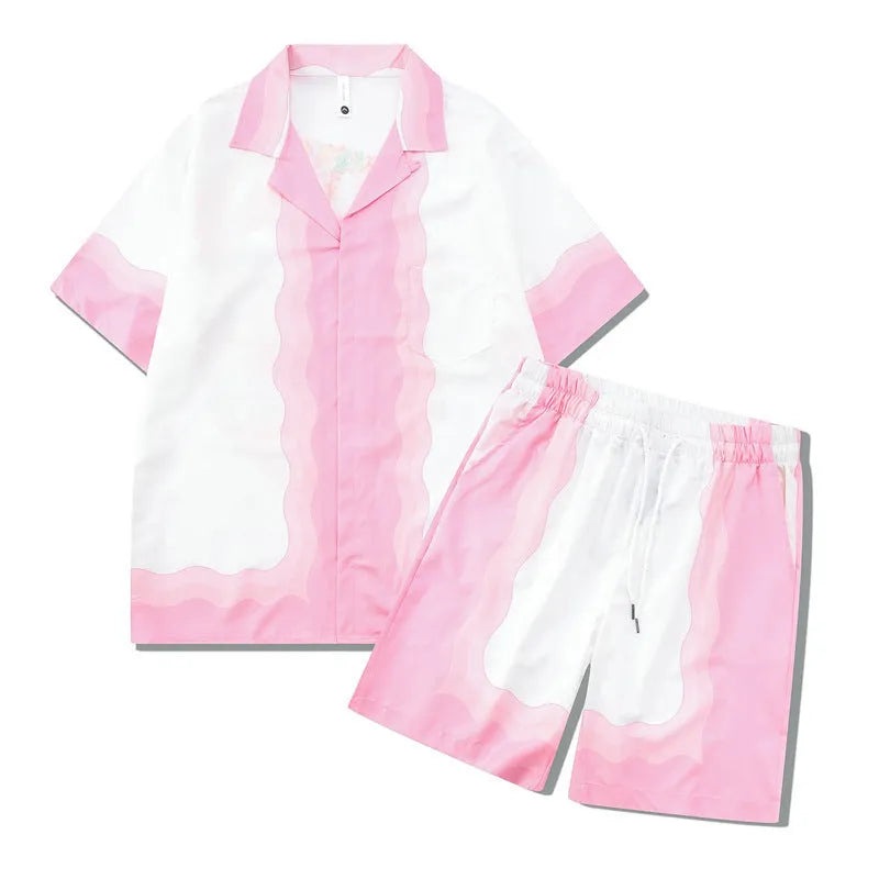 Polyester beach shirt and trousers outfit set with plaid pattern, short sleeves