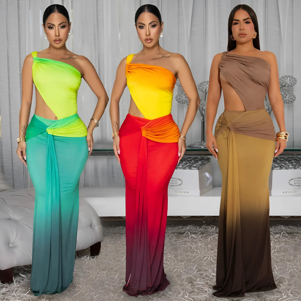 Women's long gradient dress with cross-shoulder design in green, red, or brown.