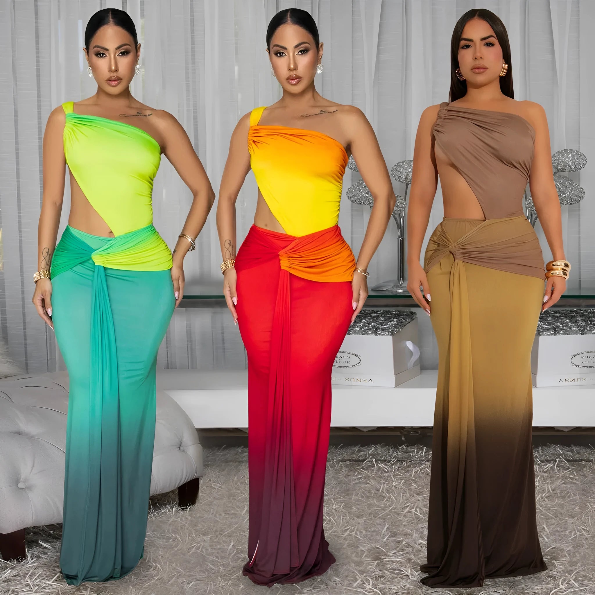 Women's long gradient dress with cross-shoulder design in green, red, or brown.
