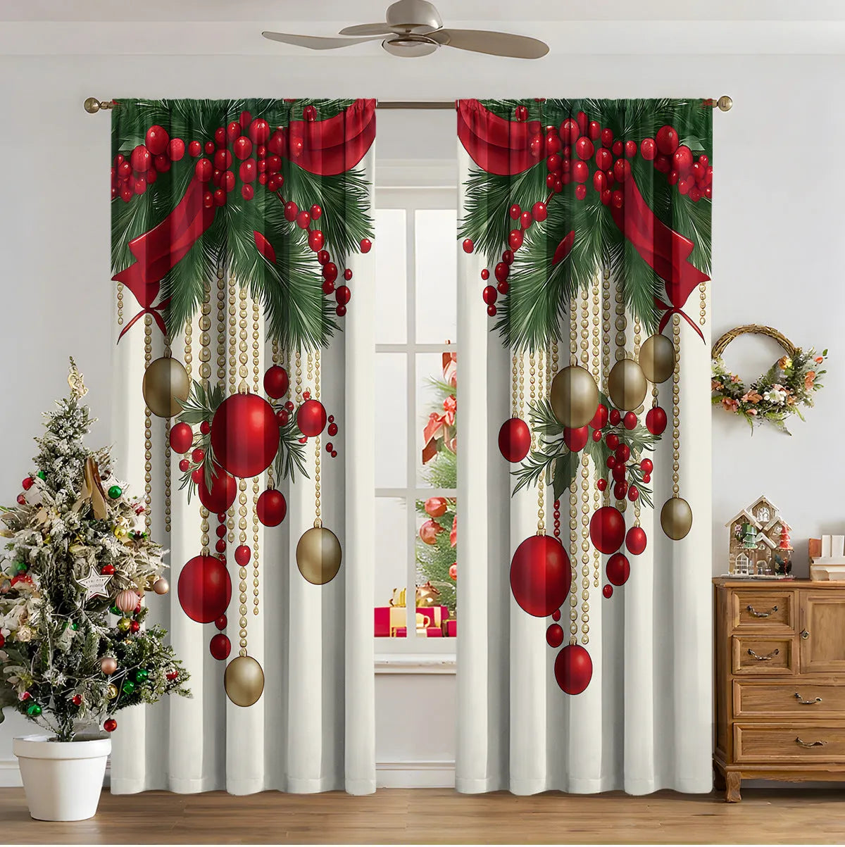 Pair of 3D digitally printed Christmas curtains in a modern European style pattern, hanging at a window.