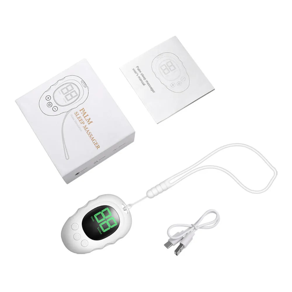 Rechargeable silicone sleep aid hand grip monitor with remote control in white, black, or green.