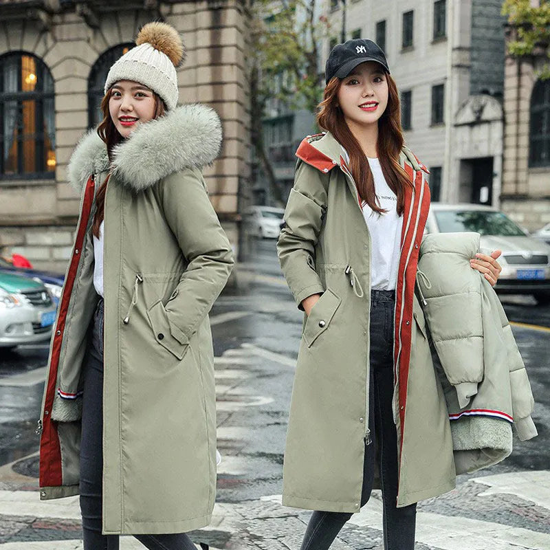Women's long fleece trench coat in bean green colour with 100cm length and down cotton filler