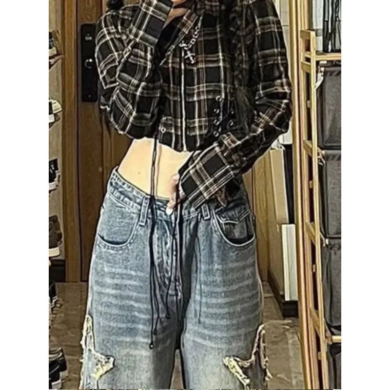 Women's blue high waist straight leg jeans with washed finish and cotton denim fabric