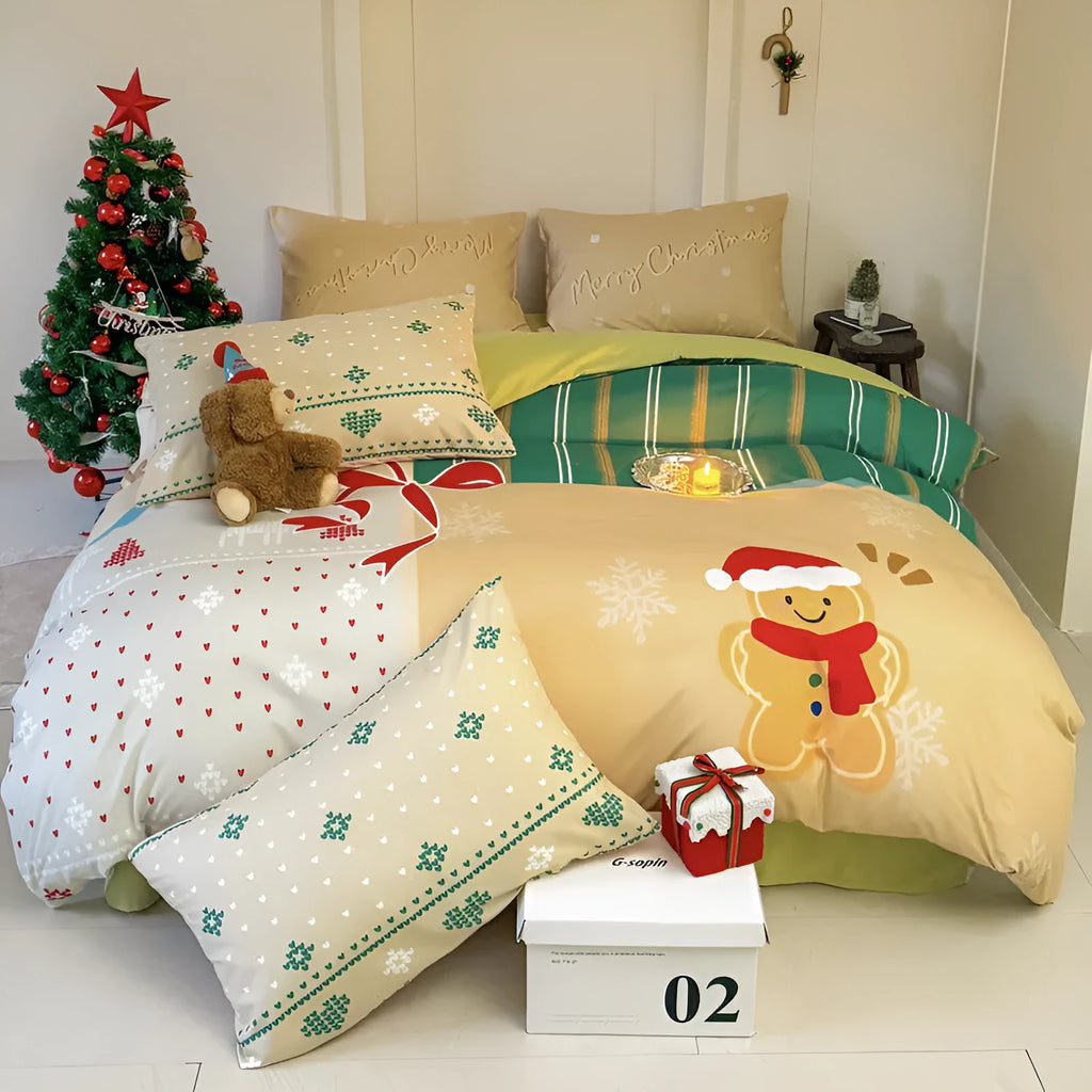 Super soft washed cotton four-piece bedding set with Christmas cartoon pattern