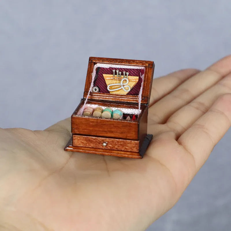 Miniature birch wood vintage sewing kit ornament with European styling and double layer colour