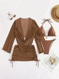 Dark brown lace-up bikini swimsuit for women on a mannequin, backless brief style.