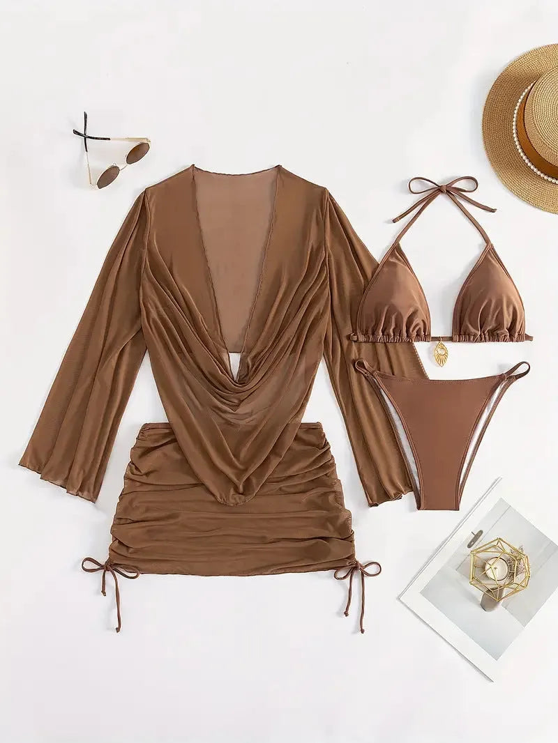 Dark brown lace-up bikini swimsuit for women on a mannequin, backless brief style.