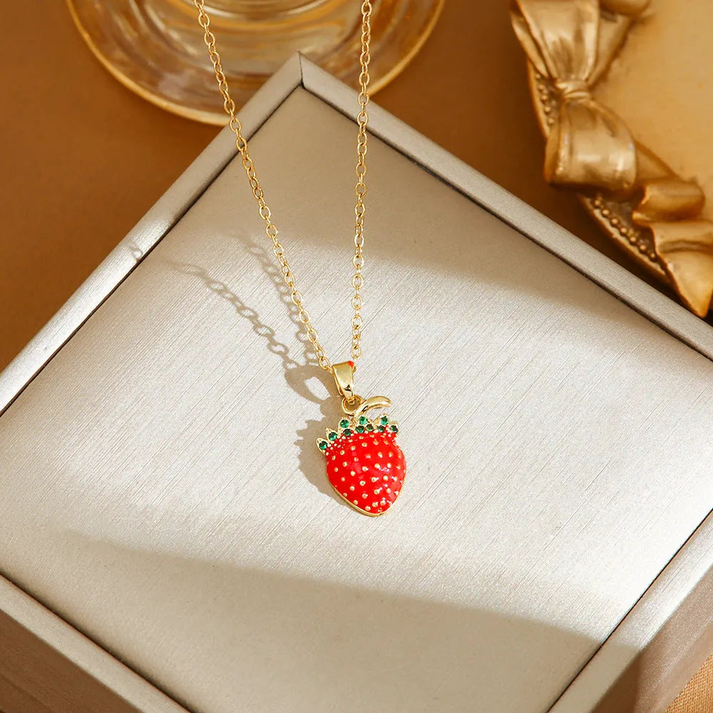 Titanium steel necklace with delicate cherry strawberry pepper charm on O-ring chain