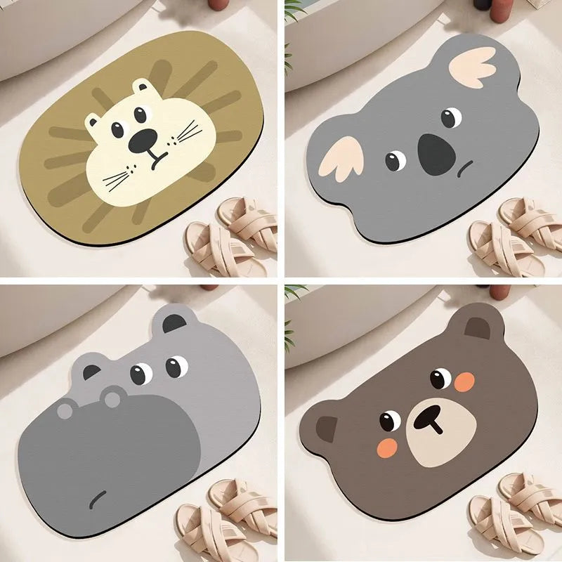 Cartoon animal diatom mud bathroom mat in Mr Brown Bear design on tiled floor.