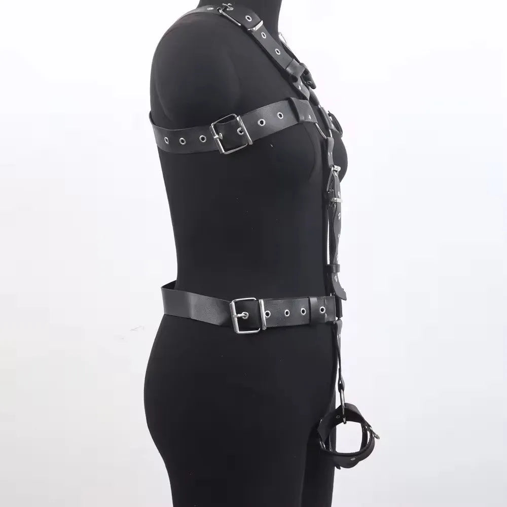 Black imitation leather shapewear belt with pin buckle on mannequin