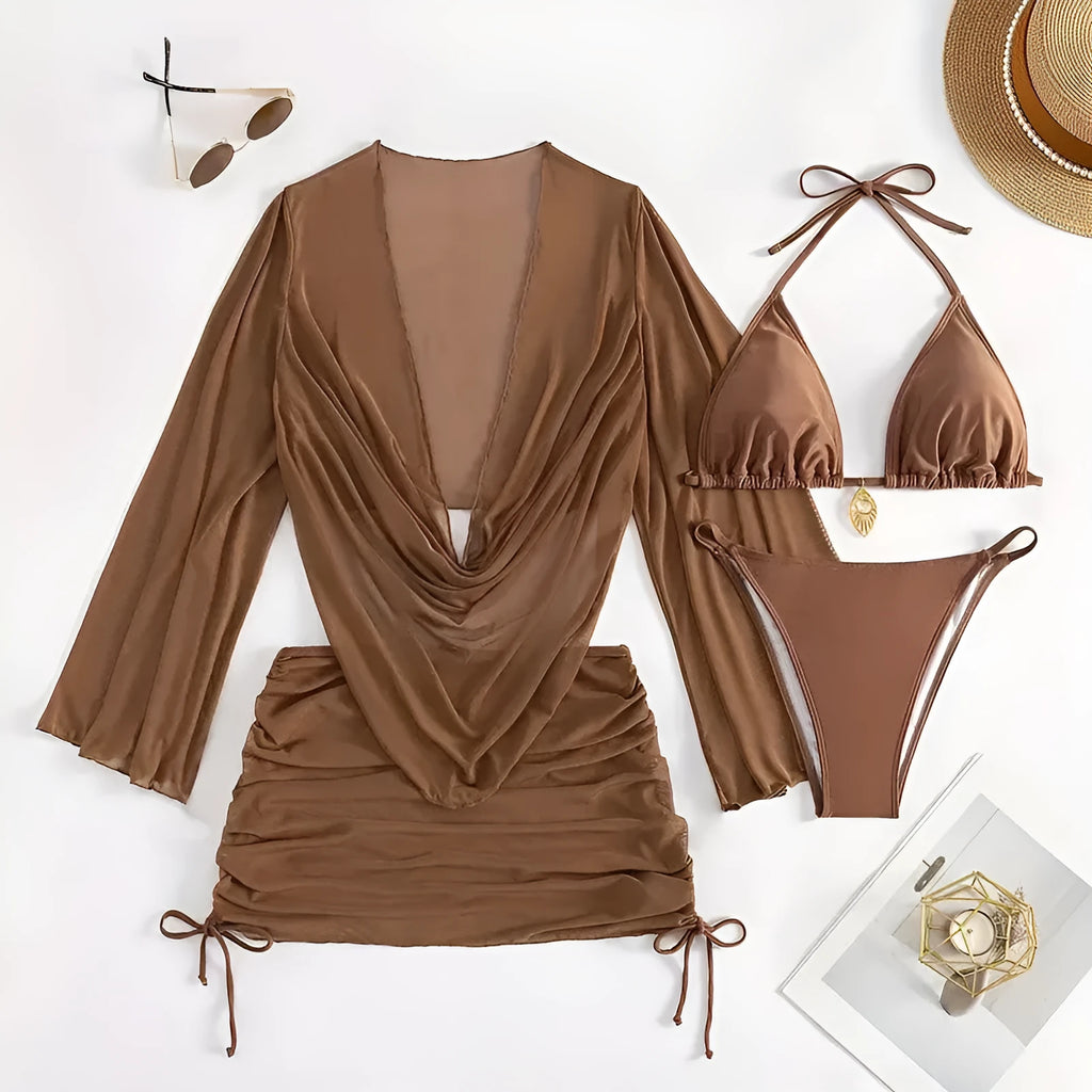 Dark brown lace-up bikini swimsuit for women on a mannequin, backless brief style.