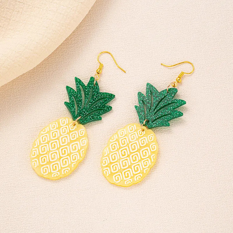 Drop earrings with acrylic coconut and artocarpus fruit charms on alloy hooks in summer colours