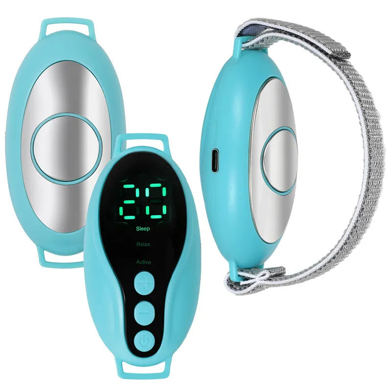 Intelligent sleeping aid instrument in white and blue, compact USB rechargeable with timer and adjustable fan