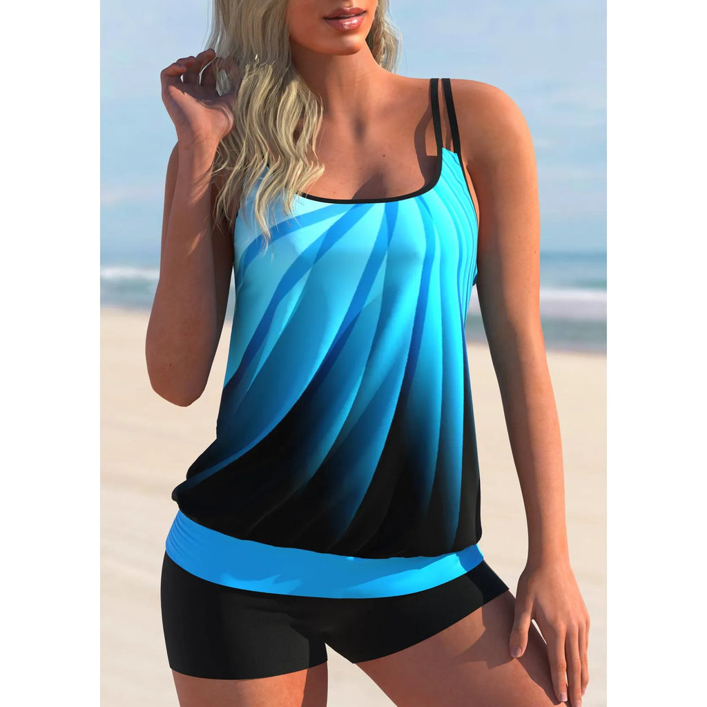 Plus size women's swimsuit set with strappy top and beach shorts in butterfly pattern design