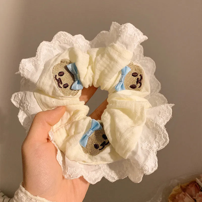 Blue bear-themed large intestine hair ring with bow decoration and elastic headband for hairstyling