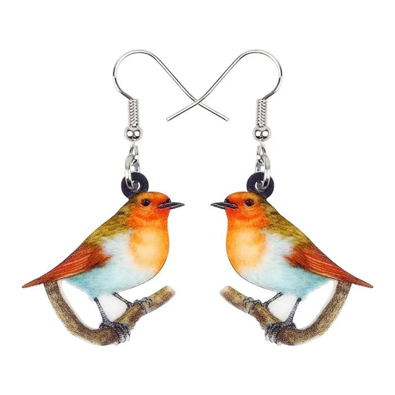 A pair of geometric acrylic earrings with a printed Blue Titmouse bird design in two colour options.