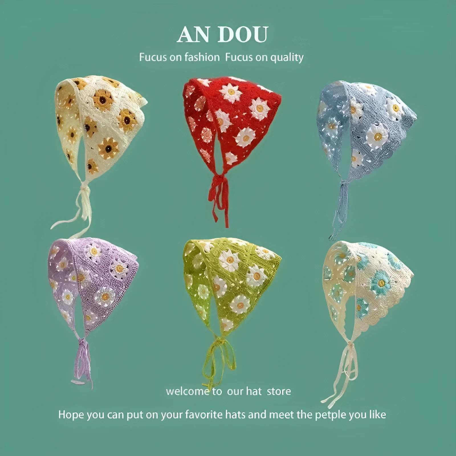 Cotton triangular headscarf with French retro floral pattern in multiple colour variations