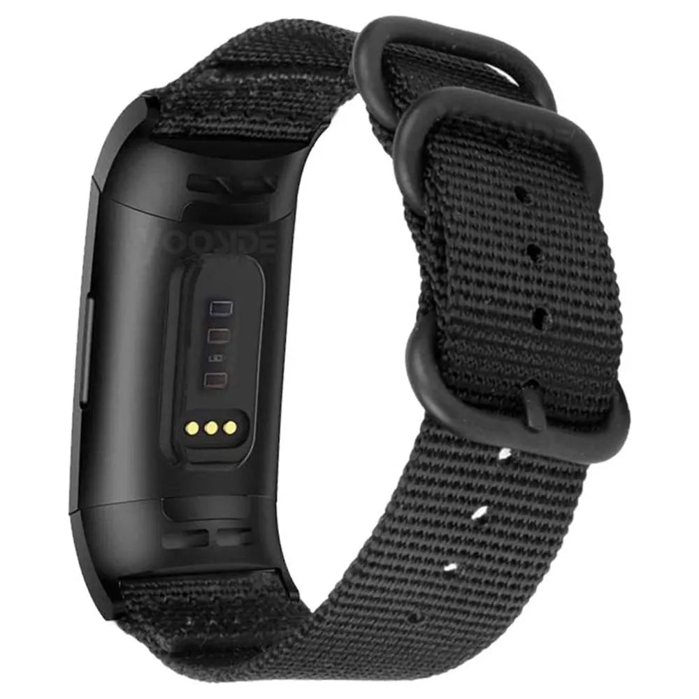 Nylon three-ring buckle replacement watch strap for Fitbit Charge 2, 3, 4, 5 in multiple colours.