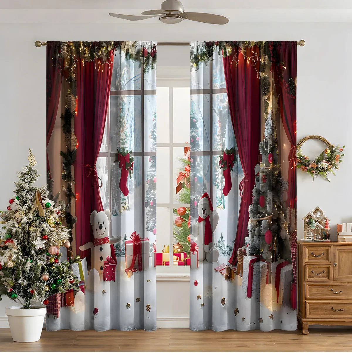 Pair of 3D digitally printed Christmas curtains in a modern European style pattern, hanging at a window.