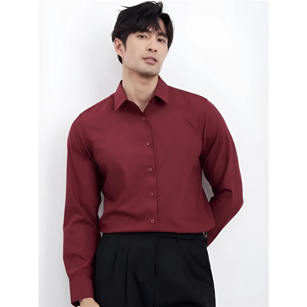 Men's wine red slim fit casual long sleeve shirt cardigan style on a hanger