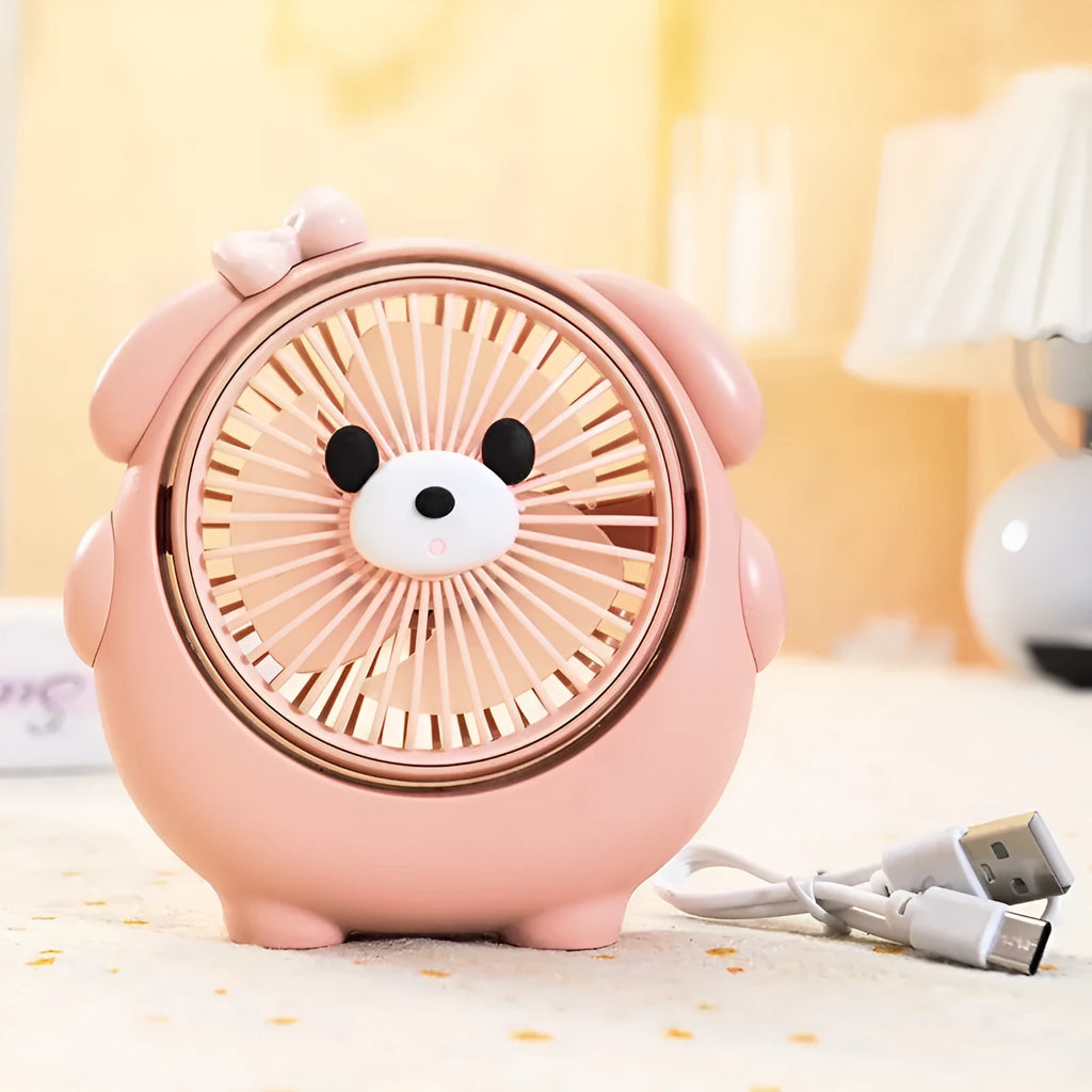 USB desktop fan with dog design showing three speed settings and lightweight plastic construction