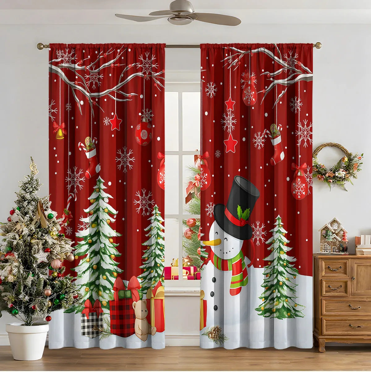 Pair of 3D digitally printed Christmas curtains in a modern European style pattern, hanging at a window.