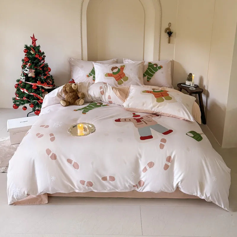 Super soft washed cotton four-piece bedding set with Christmas cartoon pattern