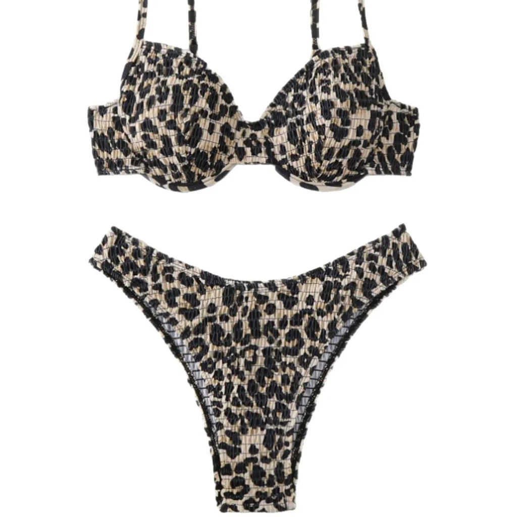 Women's leopard print bikini set with backless triangle top and briefs in brown and red colour mixes.