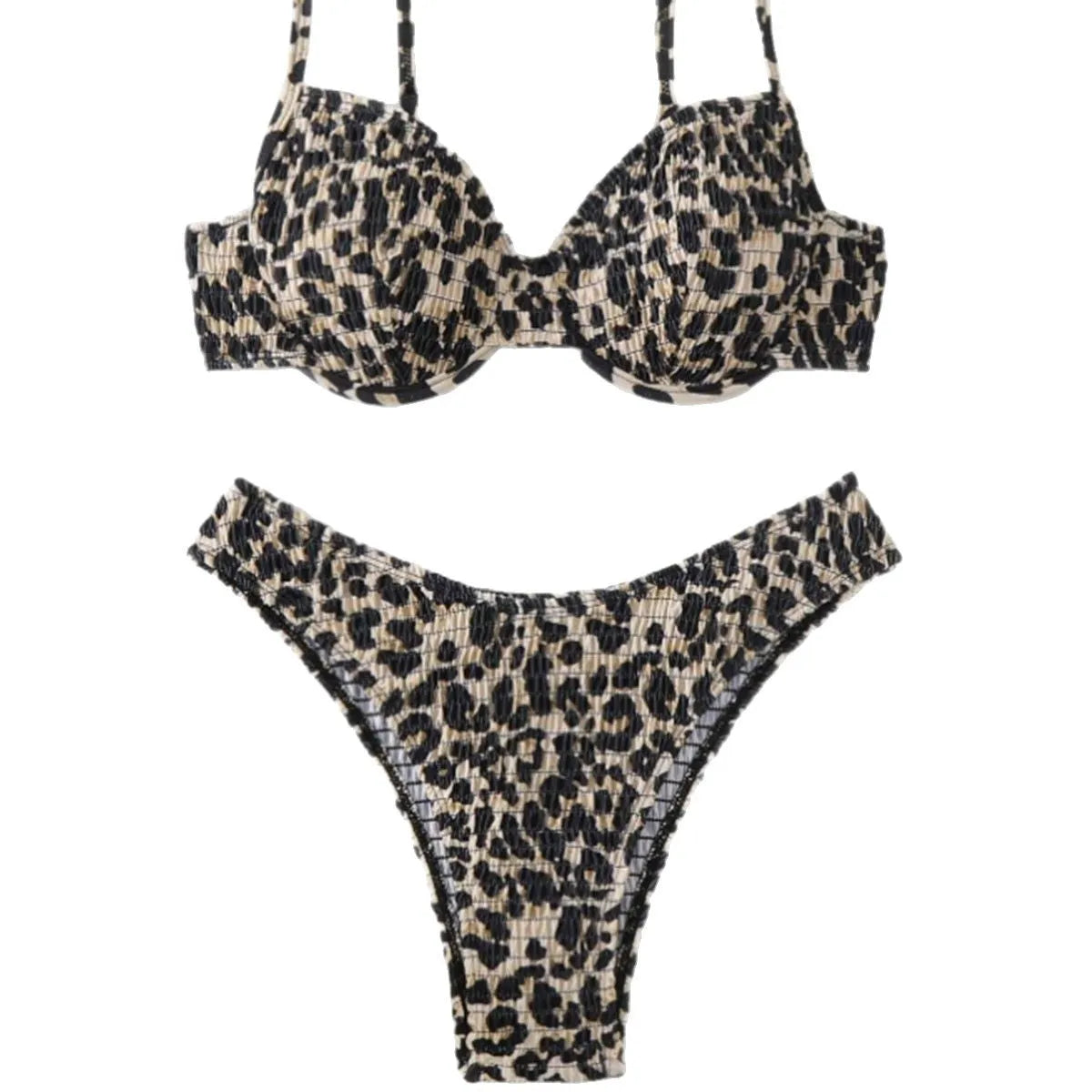 Women's leopard print bikini set with backless triangle top and briefs in brown and red colour mixes.