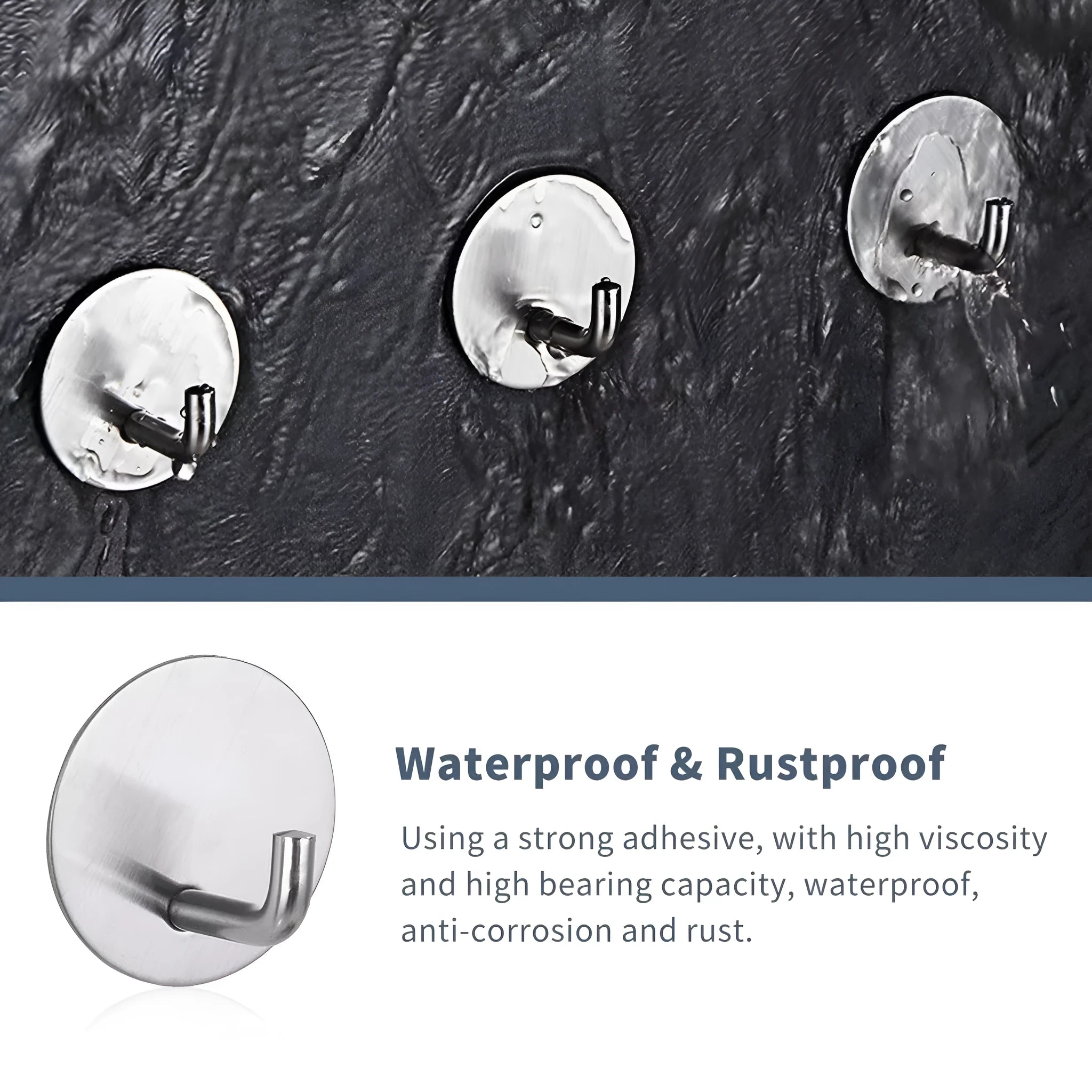 Stainless steel self-adhesive hook in black and polished finishes for bathroom or kitchen use.