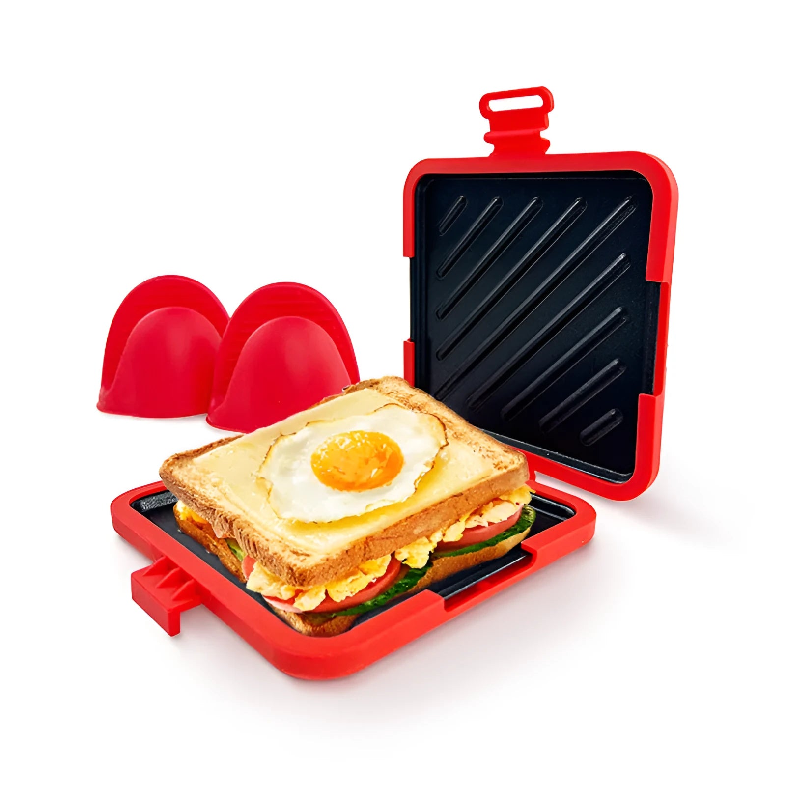 Red silicone baking tray with anti-scald protection and included gloves