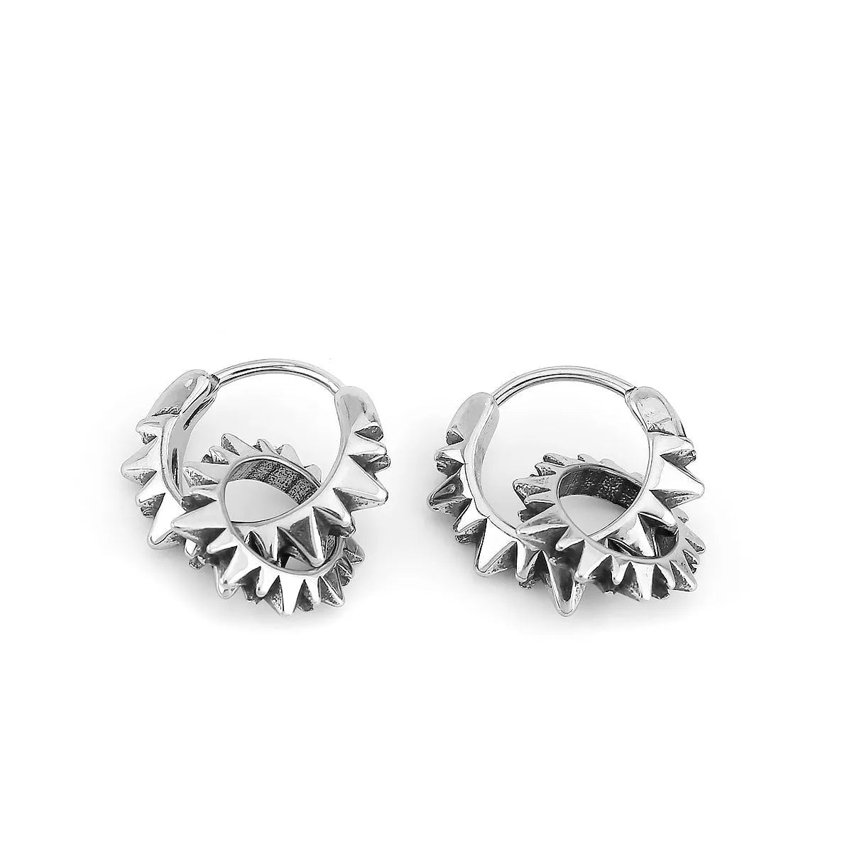 Polished stainless steel round ring earrings in retro style with steel colour finish