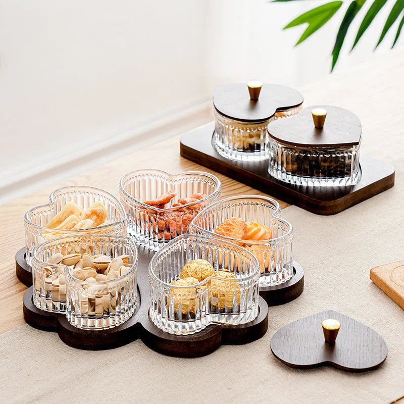 Glass fruit platter with transparent heart-shaped lid in retro style for foot bath hotels