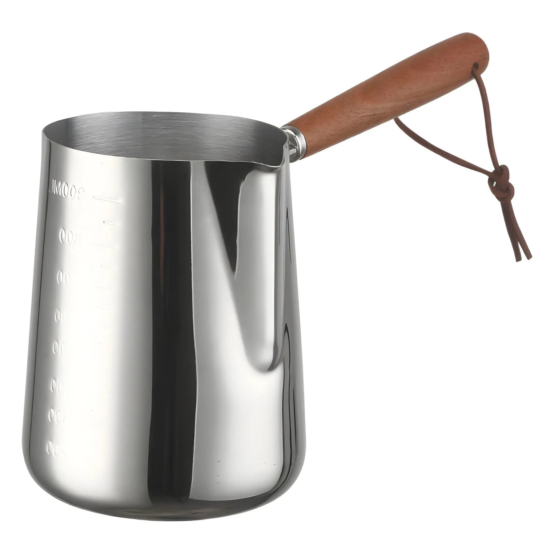 Stainless steel garland-spout milk jug with wooden handle showing measurement scale, for barista use.