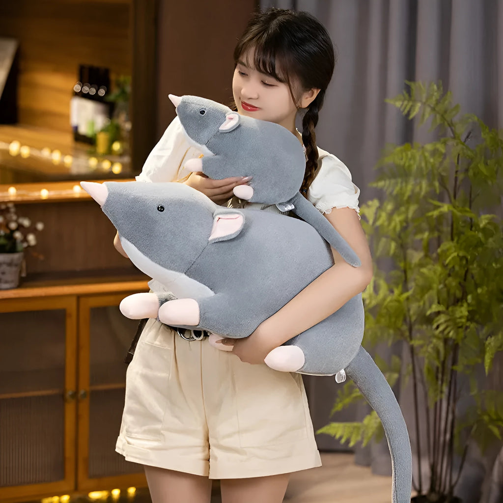 Cartoon mouse plush doll toy in soft fabric, shown in 32cm, 50cm, and 100cm size options.