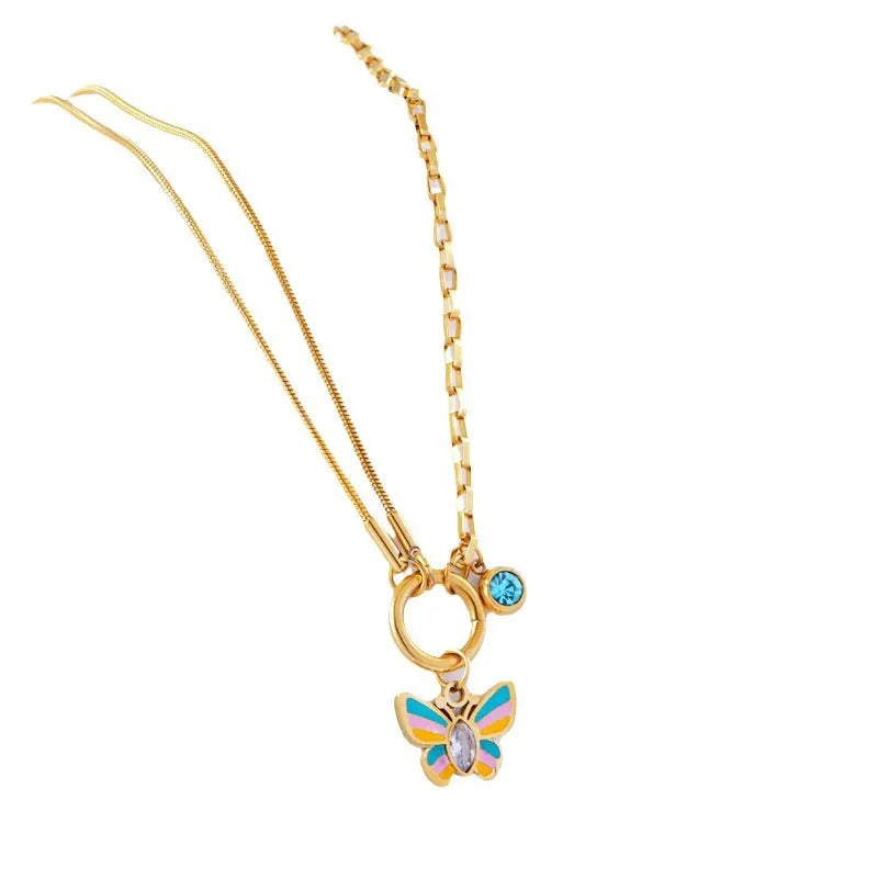 Gold titanium steel butterfly necklace and bracelet jewellery set with snake bones chain