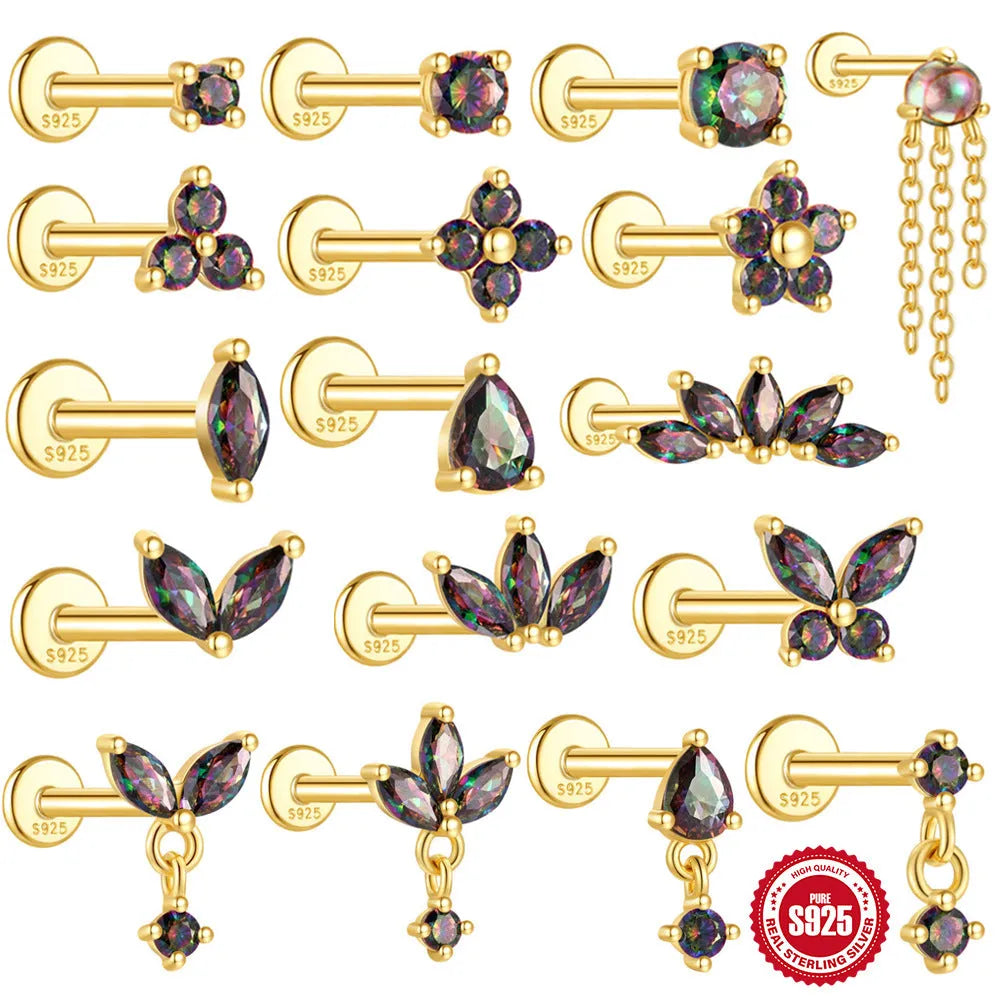 S925 sterling silver flat head thread piercing earrings with super shiny rainbow stone in gold colour