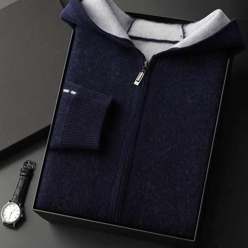 Men's dark blue cashmere blend zip cardigan with half-high collar and long sleeves