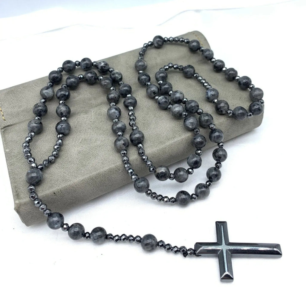 Men's hand-woven stone cross pendant necklace with ball bead chain 80cm unisex geometric design