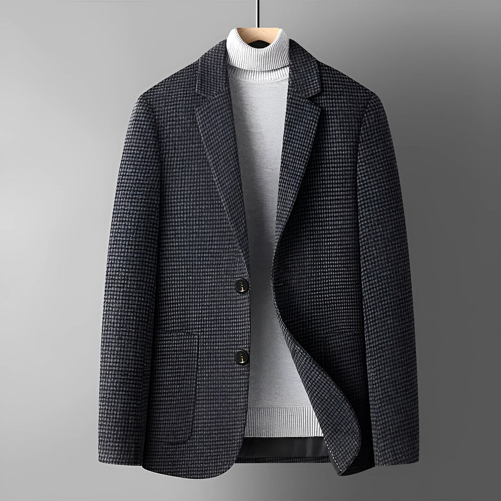 Men's slim fit wool suit jacket in a grey colour, showing the tailored silhouette and front button closure.