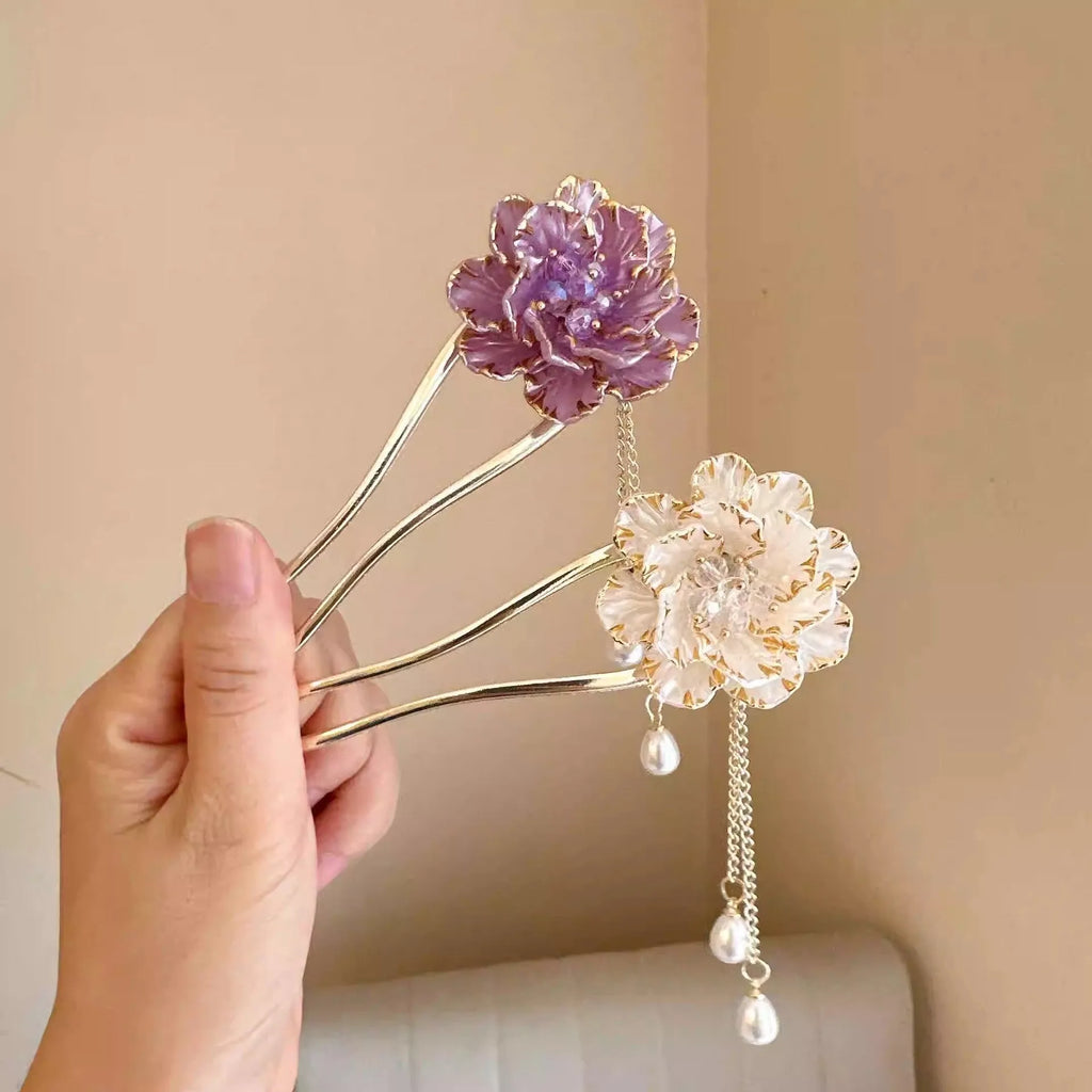 Purple and white retro alloy U-shaped hairpin with peony flower and tassel design.