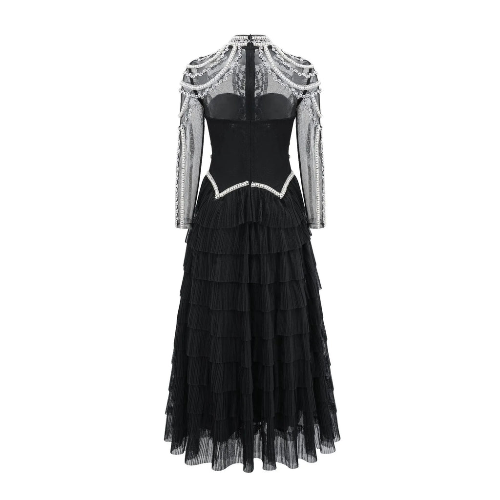 Women's long sleeve black dress with beaded decoration and mid-waist design